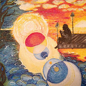 Abstract watercolour cover art for Harmonic Time-Bind Ritual Symphony, showing a man apparently sitting at the end of a pier, but visualising some cosmic spheres