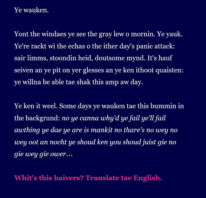 Screenshot of Harry Josephine Giles' Raik, showing a passage of text in Scots