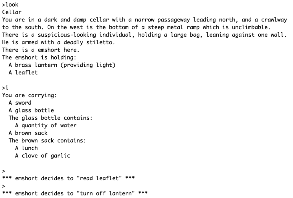 Screenshot of a multiplayer Zork implementation in which we can see the actions taken by another player character, presented as 'emshort decides to read leaflet' and 'emshort decides to turn off lantern'