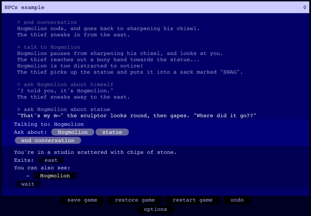 Screenshot of Gruescript in which the player can click topics to ask an NPC about