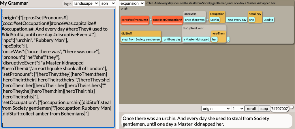 Screenshot of the procedural grammar tool Tracery being used to fill in a "once upon aa time" story prompt.