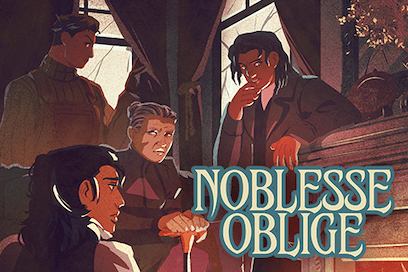 Cover art for Noblesse Oblige, showing art of several characters gathered in the sitting room of a manor.