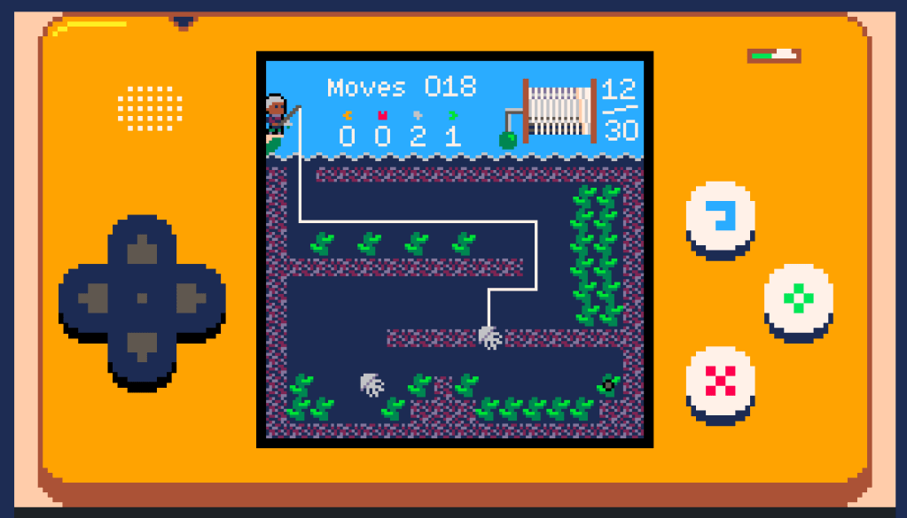 Screenshot of Curious Fishing, showing a level with pixel art seaweed and squid.

