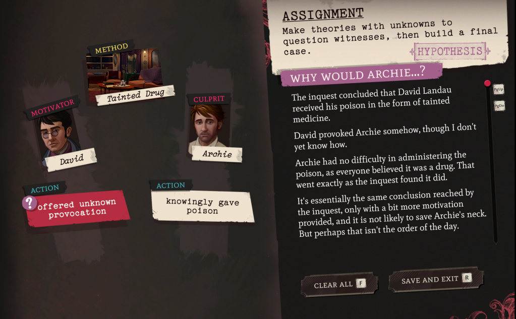 Screenshot from Mask of the Rose showing a finished hypothesis, in which the murder victim provoked attack somehow.